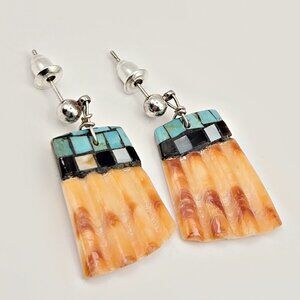 Zuni Spiny Oyster Shell Turquoise Earrings - 1980s Native American Earrings